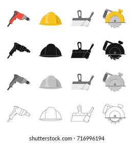 Electric drill, construction helmet, spatula for repair, manual circular. Construction and repair set collection icons in cartoon black monochrome outline style vector symbol stock illustration web.