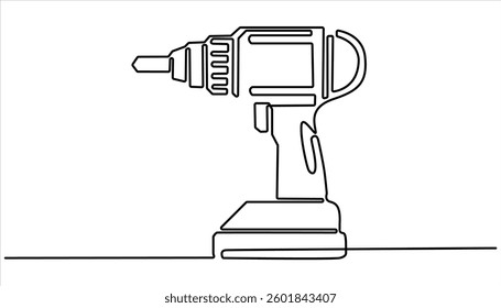 Electric drill continuous one line drawing. Handyman tools concept. Single line drawing vector design. Handyman tools and building maintenance service concept.
