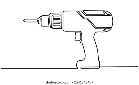 Electric drill continuous one line drawing. Handyman tools concept. Single line drawing vector design. Handyman tools and building maintenance service concept.
