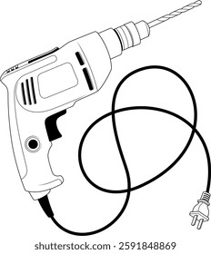 an electric drill with a cord and plug, featuring a detailed outline of the drill's body, trigger, and drill bit, which highlights the essential components of a common power tool