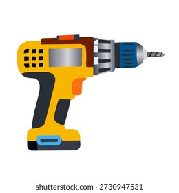 Taladro eléctrico en estilo plano para proyectos de construcción y bricolaje. Ideal para imágenes de herramientas eléctricas, manuales y diseños de talleres.