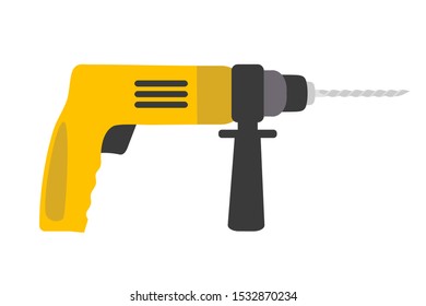 Electric drill flat vector illustration. Construction tool isolated on white background. Professional repair, renovation, refurbishment equipment. DIY instrument. Carpenter workshop design element