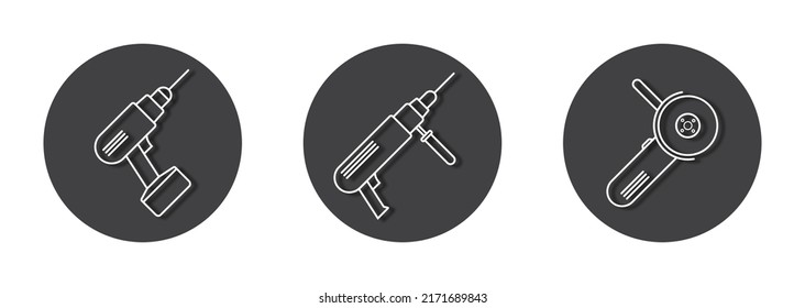 Electric drill icon. Angle grinder icon. Screwdriver linear design. Flat vector illustration.