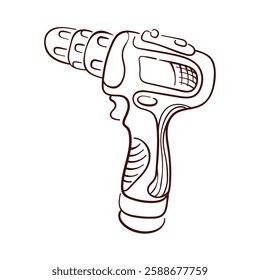 Electric drill in line art style. Drilling machine for household instrument design, hardware store. Isolated on a white background.