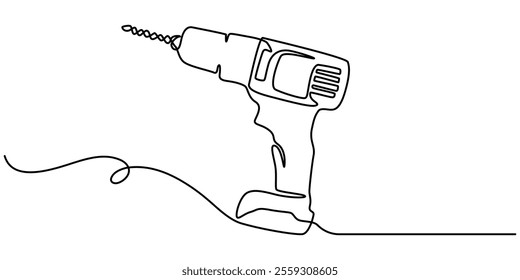 electric drill one continuous line drawing vector illustration, One continuous line drawing of man holding portable drill machine. Handyman tools concept. Single line draw vector design illustration.