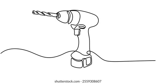 electric drill one continuous line drawing vector illustration, One continuous line drawing of man holding portable drill machine. Handyman tools concept. Single line draw vector design illustration.