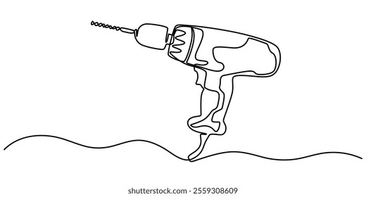 electric drill one continuous line drawing vector illustration, One continuous line drawing of man holding portable drill machine. Handyman tools concept. Single line draw vector design illustration.