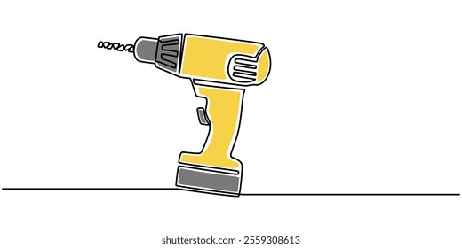 electric drill one continuous line drawing vector illustration, One continuous line drawing of man holding portable drill machine. Handyman tools concept. Single line draw vector design illustration.