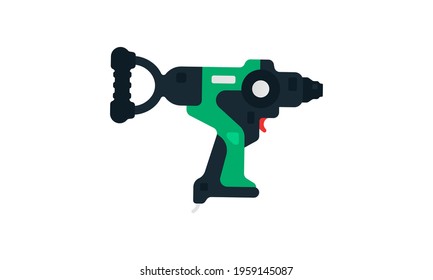 Electric drill side view. Power tool for construction and finishing works. Home renovation, carpentry tools. Vector illustration isolated on white background.