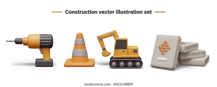 Electric drill, signal cone, excavator, pile of cement bags