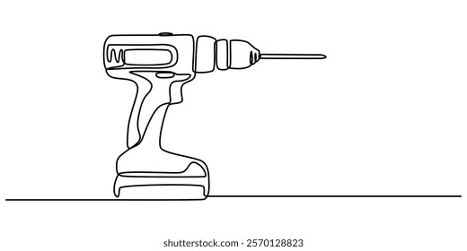 Electric Drill with Spiral Bit Continuous Line Art for Precision in Construction and Manufacturing, electric drill one continuous line drawing vector illustration, Continuous Line Drawing of Cordless.