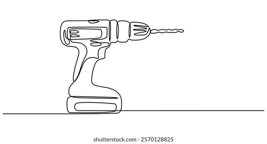 Electric Drill with Spiral Bit Continuous Line Art for Precision in Construction and Manufacturing, electric drill one continuous line drawing vector illustration, Continuous Line Drawing of Cordless.