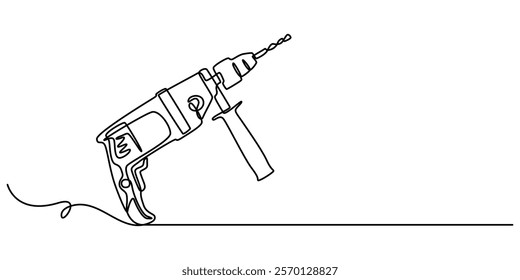 Electric Drill with Spiral Bit Continuous Line Art for Precision in Construction and Manufacturing, electric drill one continuous line drawing vector illustration, Continuous Line Drawing of Cordless.