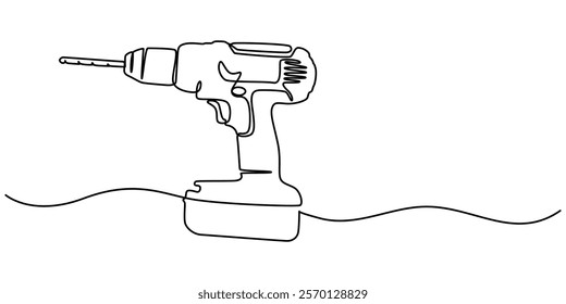 Electric Drill with Spiral Bit Continuous Line Art for Precision in Construction and Manufacturing, electric drill one continuous line drawing vector illustration, Continuous Line Drawing of Cordless.