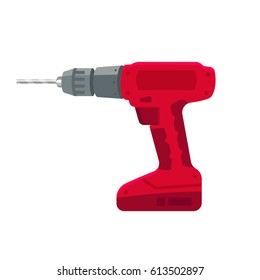 Electric drill stand-alone on the battery and bit repair elements, construction hand tool on a white background. Modern new design model. Power equipment.