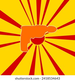 Símbolo de taladro eléctrico en un fondo de líneas radiales de explosión de flash rojo. En el centro de la salida del sol hay un gran símbolo naranja. Ilustración del vector sobre fondo amarillo