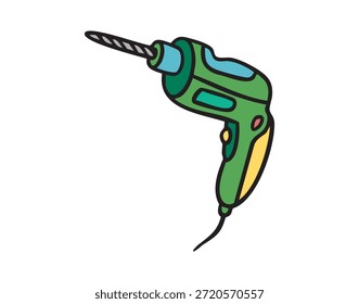 Elektrisches Bohrwerkzeug, handgezeichnetes Doodle. Vektorgrafik.