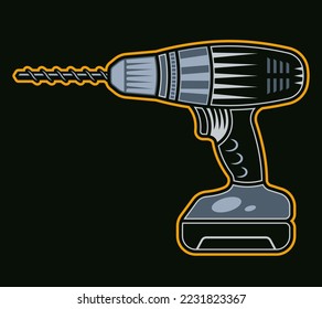 Electric drill vector colored illustration in cartoon style on dark background