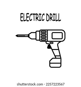 Plantilla de ilustración de vector de taladro eléctrico para el libro de coloreado. Lección de dibujos para niños	