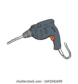 Electric drilling machine, hand drawn vector illustration. Power drill small and simple house device, logo symbol. Construction work screwdriver equipment cartoon drawing sketch. 