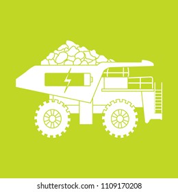 Electric dumper with ore, battery, charge symbol. New transport eco technologies.