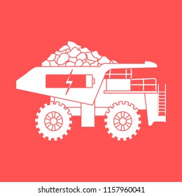 Electric dumper with ore, battery, charge symbol. New transport eco technologies.