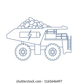 Electric dumper with ore, battery, charge symbol. New transport eco technologies.
