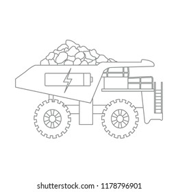 Electric dumper with ore, battery, charge symbol. New transport eco technologies.