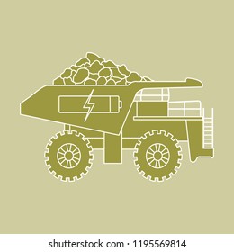 Electric dumper with ore, battery, charge symbol. New transport eco technologies.