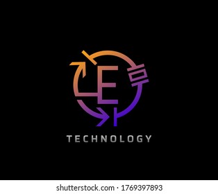 Diseño de iconos de letras eléctricas con forma de círculo y símbolo de componentes de ingeniería eléctrica.