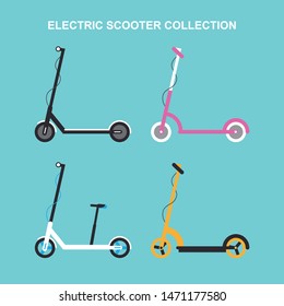 Electric e-bikes and scooter collection in a flat style. Set of eco personal transportation. Vector illustration. 