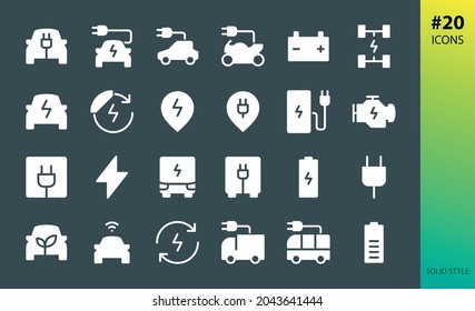 Electric eco car solid icon set. Set of e car, electric truck, bus, vehicle, auto, charge station parking, motor, plug, battery, eco transport, autopilot, smart car glyphs vector icons