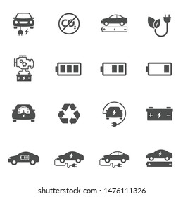 electric eco car vector icons set isolated on white background. electric ecological transport concept. electric car flat icons for web, mobile and ui design.