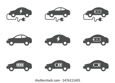electric eco car vector icons set isolated on white background. electric ecological transport concept. electric car flat icons for web, mobile and ui design.