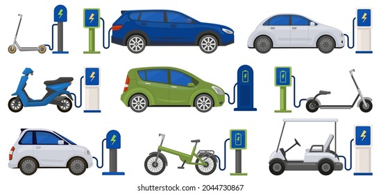 Electric eco friendly transport powered with charging station. Renewable energy car, scooter, bicycle at charge station vector illustration set. Charging electric vehicles. Moped electric and scooter