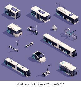 Electric eco sustainable public transport isometric icons set isolated vector illustration