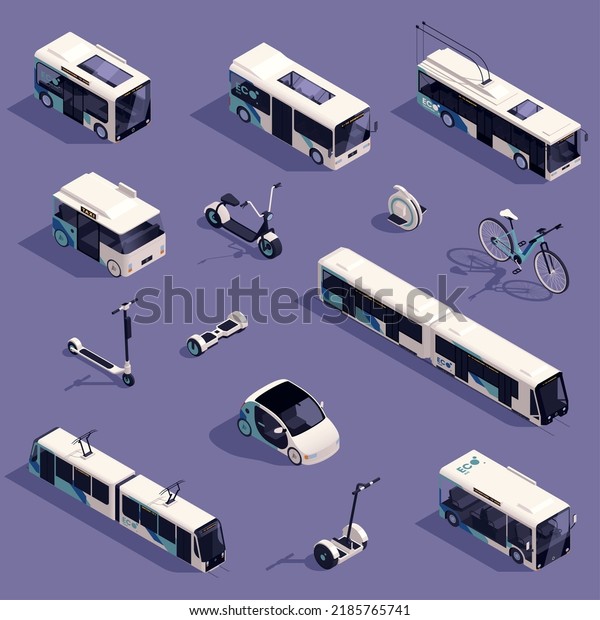 Electric eco sustainable public\
transport isometric icons set isolated vector\
illustration
