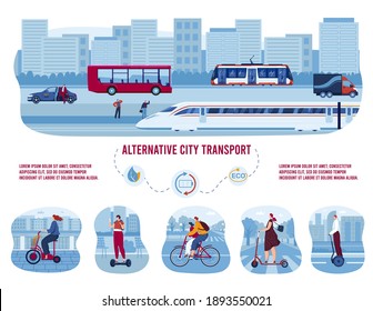 Electric eco transport, alternative city transportation set of vector illustrations. Modern bike, electric car with solar panels, electric scooter, gyroscooter or monowheel, electrician mini car.