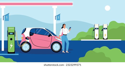 Electric eco transport flat background with woman charging her electric car at charger station isometric vector illustration