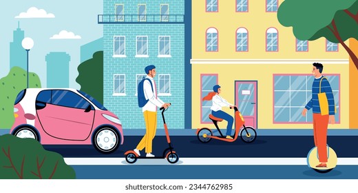 Electric eco transport flat concept with people riding scooter monowheel bicycle vector illustration