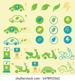 Electric Eco Vehicle, Go Green Car and Motorcycle with Charging Station pluged and unpluged, Icon Logo Avatar Set