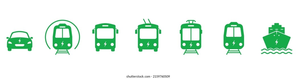 Electric Eco Vehicle Silhouette Green Icon Set. Ecology Alternative Hybrid Electro Public Transportation Pictogram. Electric Bus, Car, Ship, Tram, Metro, Train Icon. Isolated Vector Illustration.