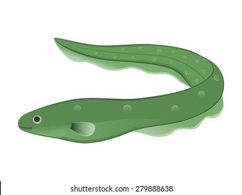 Electric eel fish Green spotted snake fish cartoon character isolated on white background Ocean animal, funny serpent Sea life theme Great for illustration, t shirt stamp, animal, wildlife design