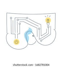 Electric with electrical circuit board, electronic device drawing. Hardware development, electrician, engineer, microelectronics icon concept. Flat line vector illustration on white.