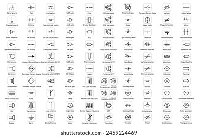 Electric and electronic circuit symbols of elements and components, vector icons. Electrical circuit schematic symbols of diode and switch, connection gate or processor resistor and semiconductor sign