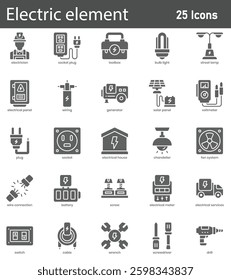 Electric Elements Line Icons Set. Collection of 30 outline icons representing electrical components, power systems, and energy sources.  vector illustration.