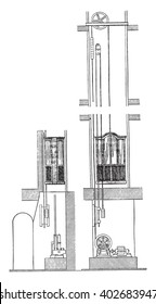 Electric elevator Edoux, vintage engraved illustration. Industrial encyclopedia E.-O. Lami - 1875.