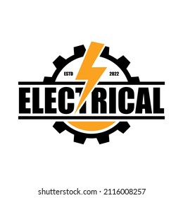 electric emblem logo with with gear combination for energy company, vector illustration design