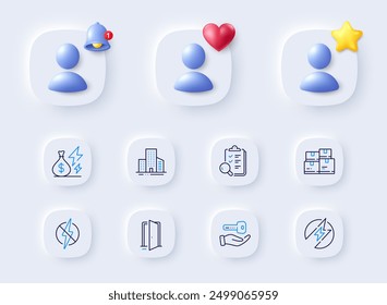 Electric energy, Buying house and Electricity price line icons. Placeholder with 3d bell, star, heart. Pack of Open door, Buildings, Wholesale inventory icon. Inspect, Antistatic pictogram. Vector