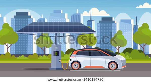 electric energy car charging at station eco\
friendly vehicle carsharing concept modern cityscape background\
flat horizontal